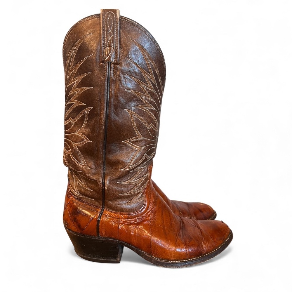 Vintage Dan Post EEL‎ Mens Leather Cowboy Boots Western Style Brown Tan Size 8.5